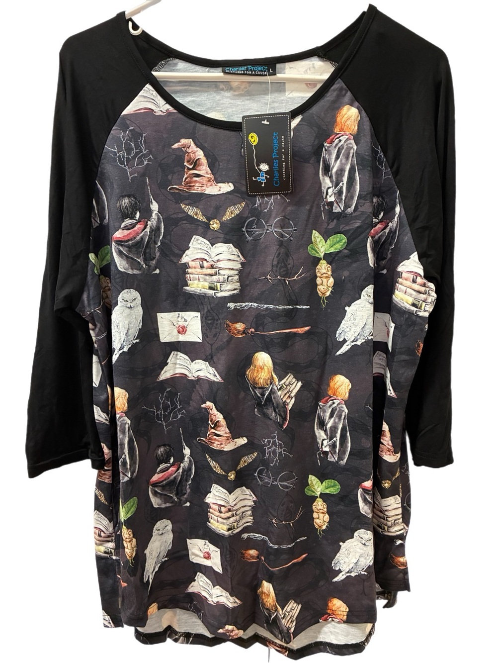 Harry Potter Black Raglan 3/4 Sleeve Tee - Wizard Print